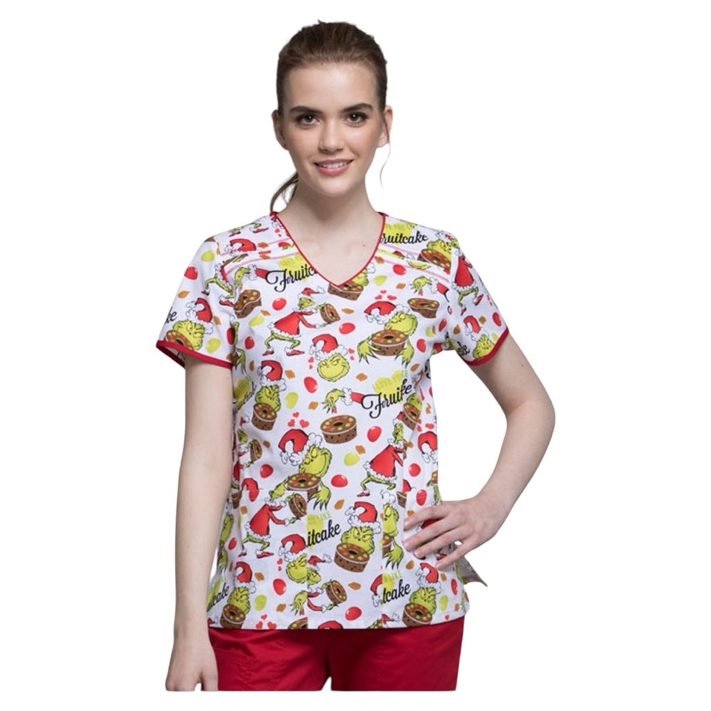 Dr. Seuss White and Red Fruit Print Adult Woman’s Scrub.
Size S